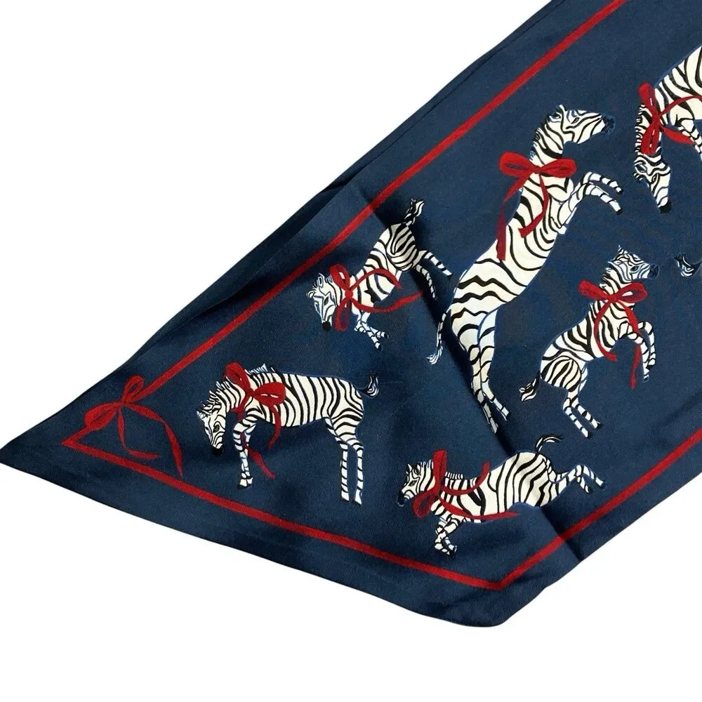 J Crew Silk Skinny Scarf Womens One Size Navy Red Zebra Bow Twilly BS227